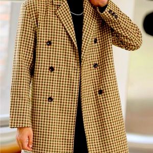 Men Gingham Lapel Collar Double Breasted Overcoat
